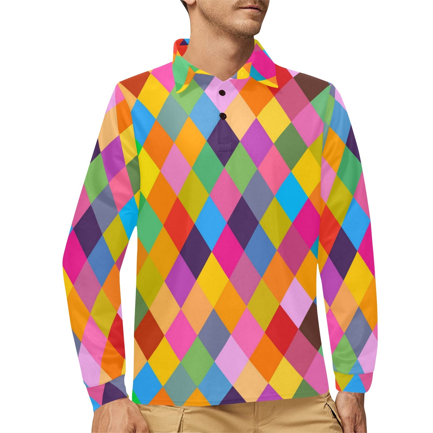 Harlequin Pattern Print Design 02 Long Sleeve Polo Shirt For Men's