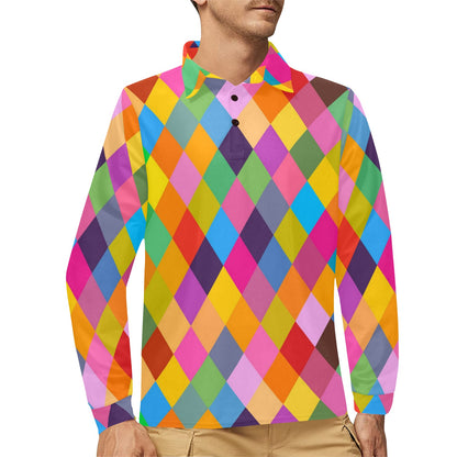 Harlequin Pattern Print Design 02 Long Sleeve Polo Shirt For Men's