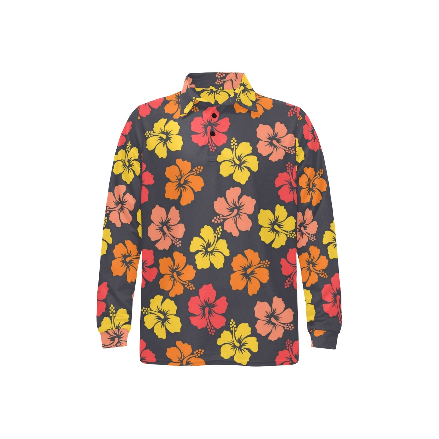 Hibiscus Pattern Print Design HB024 Long Sleeve Polo Shirt For Men's