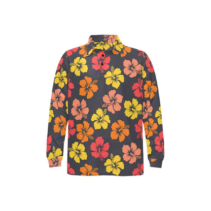 Hibiscus Pattern Print Design HB024 Long Sleeve Polo Shirt For Men's