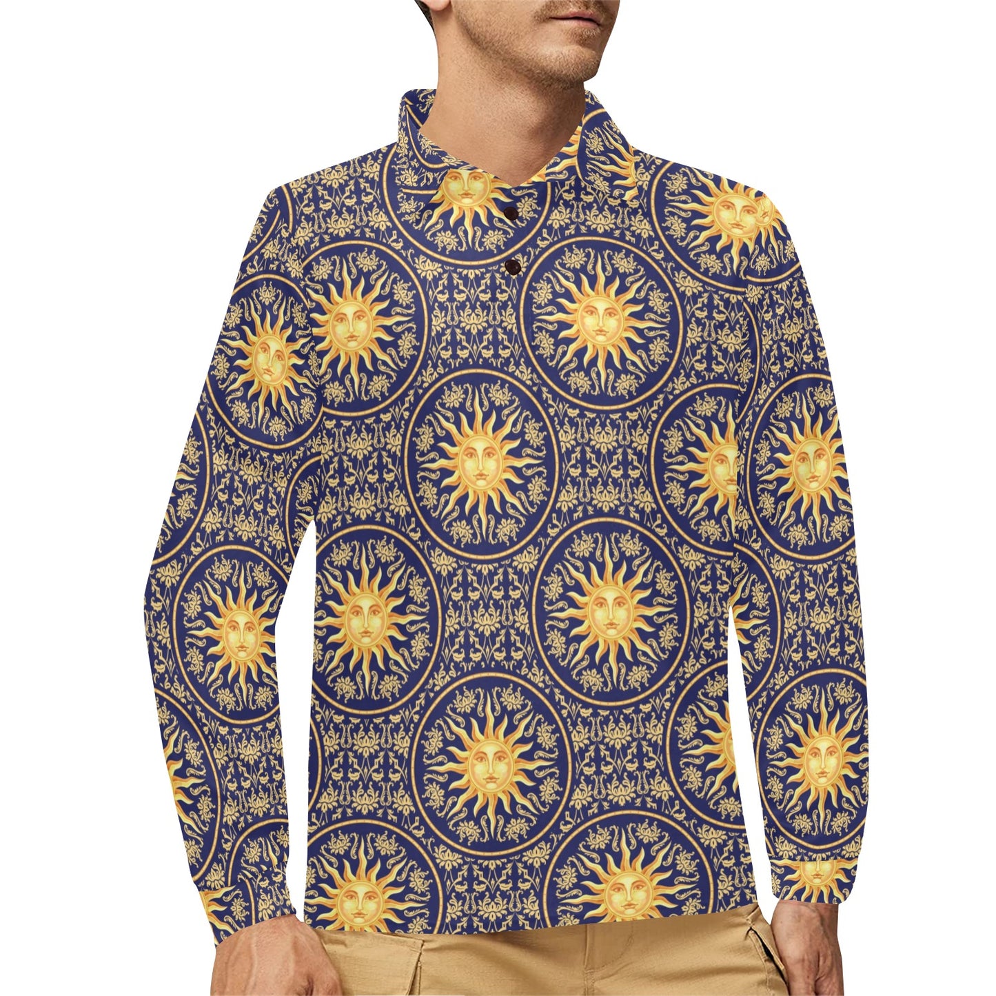 Celestial Gold Sun Face Long Sleeve Polo Shirt For Men's