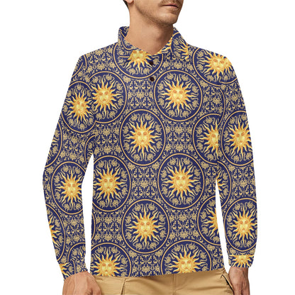 Celestial Gold Sun Face Long Sleeve Polo Shirt For Men's