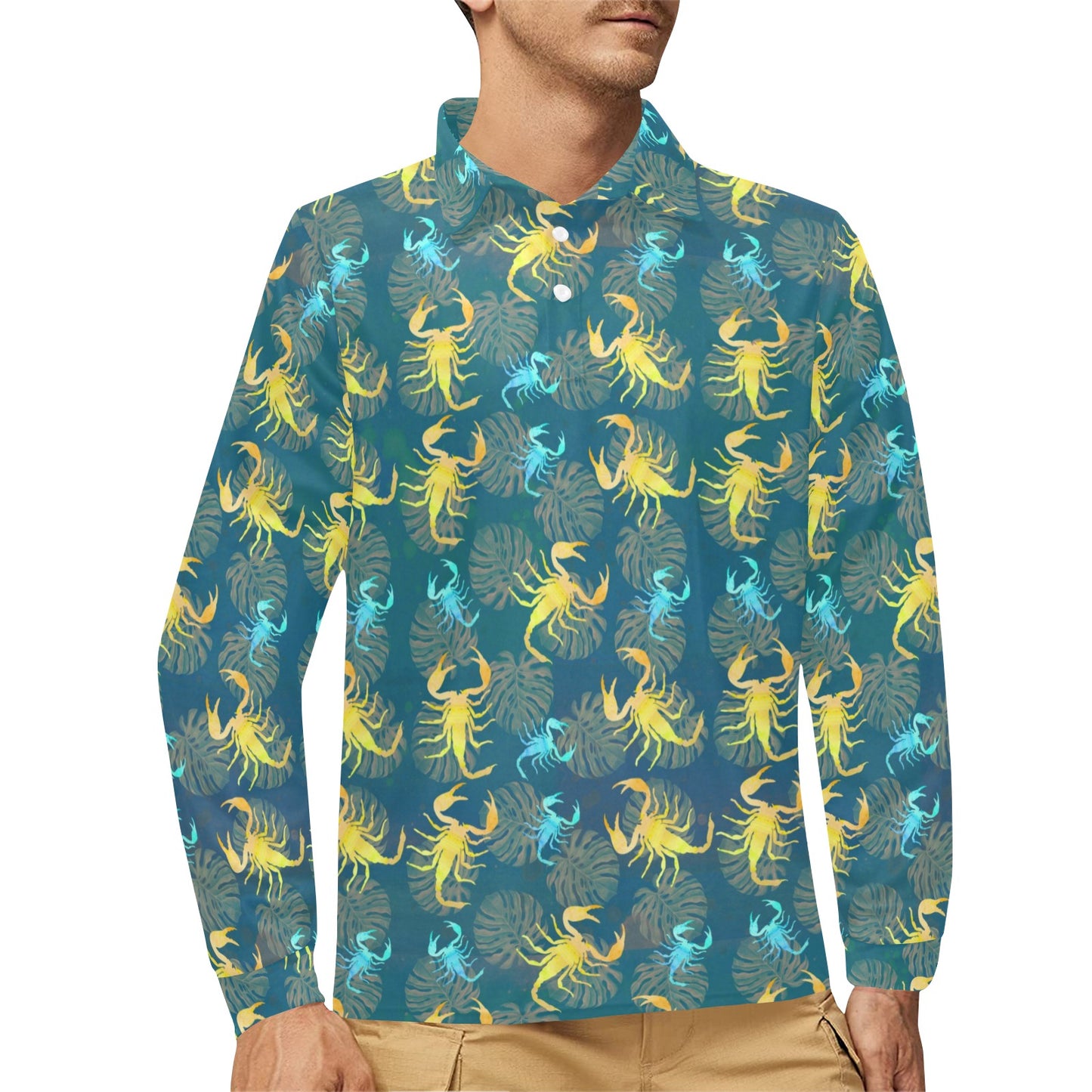 Scorpion Pattern Print Design 02 Long Sleeve Polo Shirt For Men's