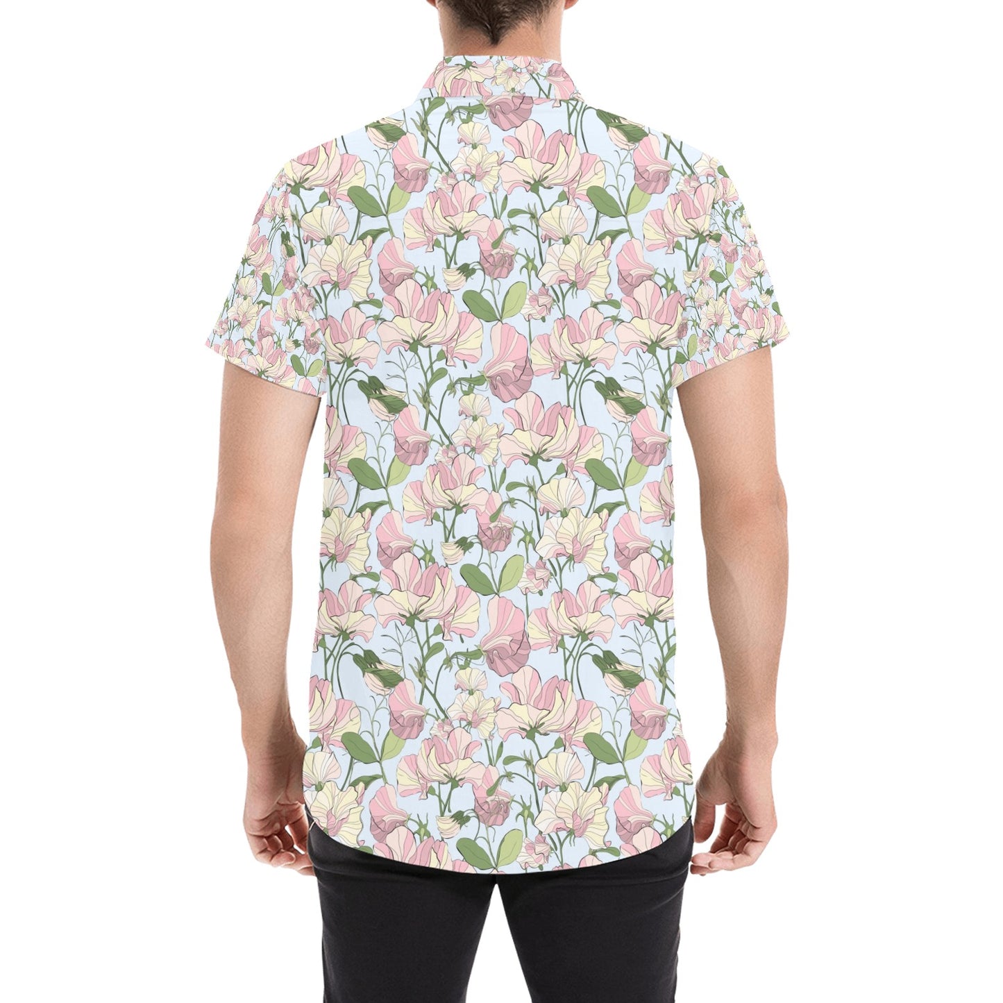 Sweet Pea Print Design LKS304 Men Short Sleeve Button Up Shirt
