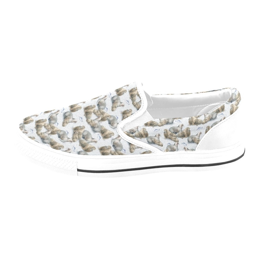 Walrus Print Design LKS401 White Slip Ons Canvas Women's Shoes