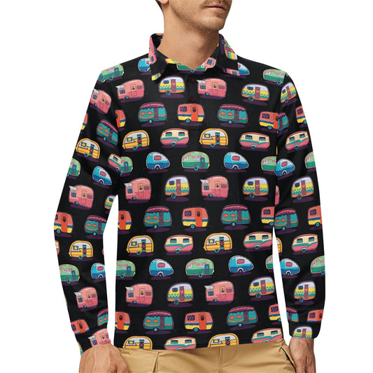Camper Camping Pattern Long Sleeve Polo Shirt For Men's