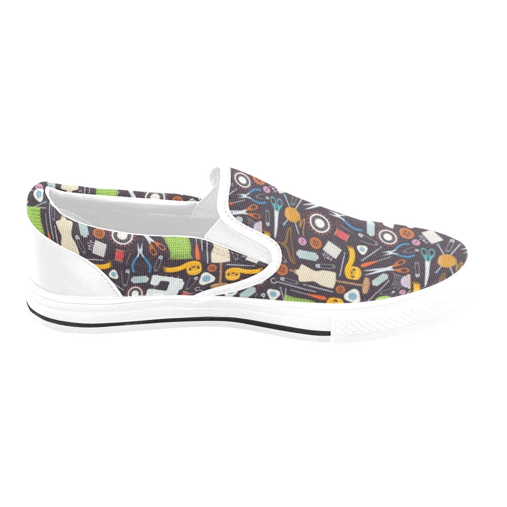 Sewing Equipment Print Design LKS308 White Slip Ons Canvas Women's Shoes