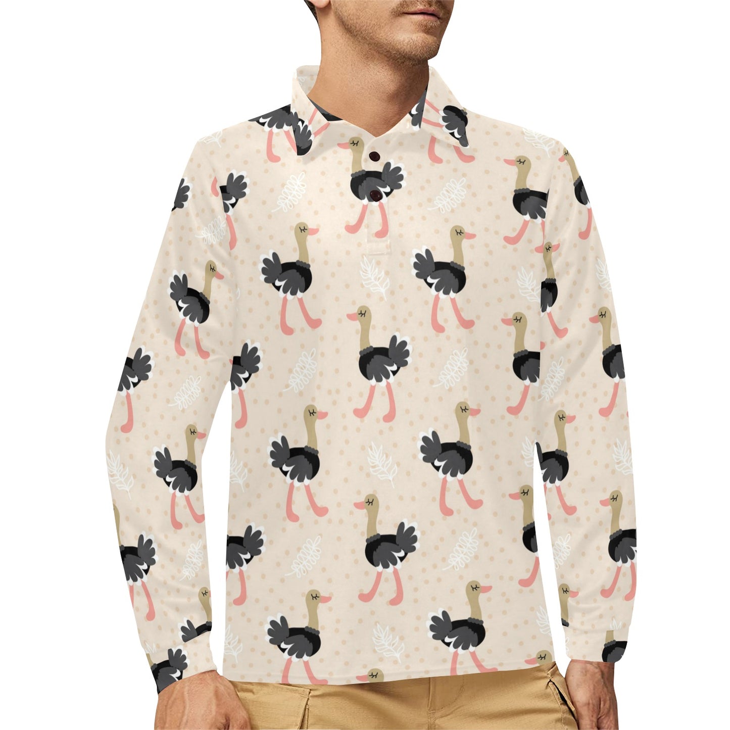 Ostrich Pattern Print Design 02 Long Sleeve Polo Shirt For Men's
