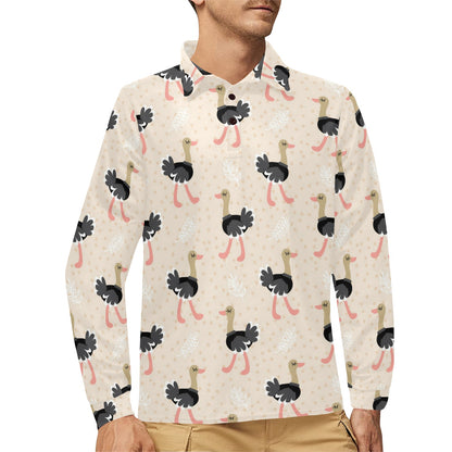 Ostrich Pattern Print Design 02 Long Sleeve Polo Shirt For Men's