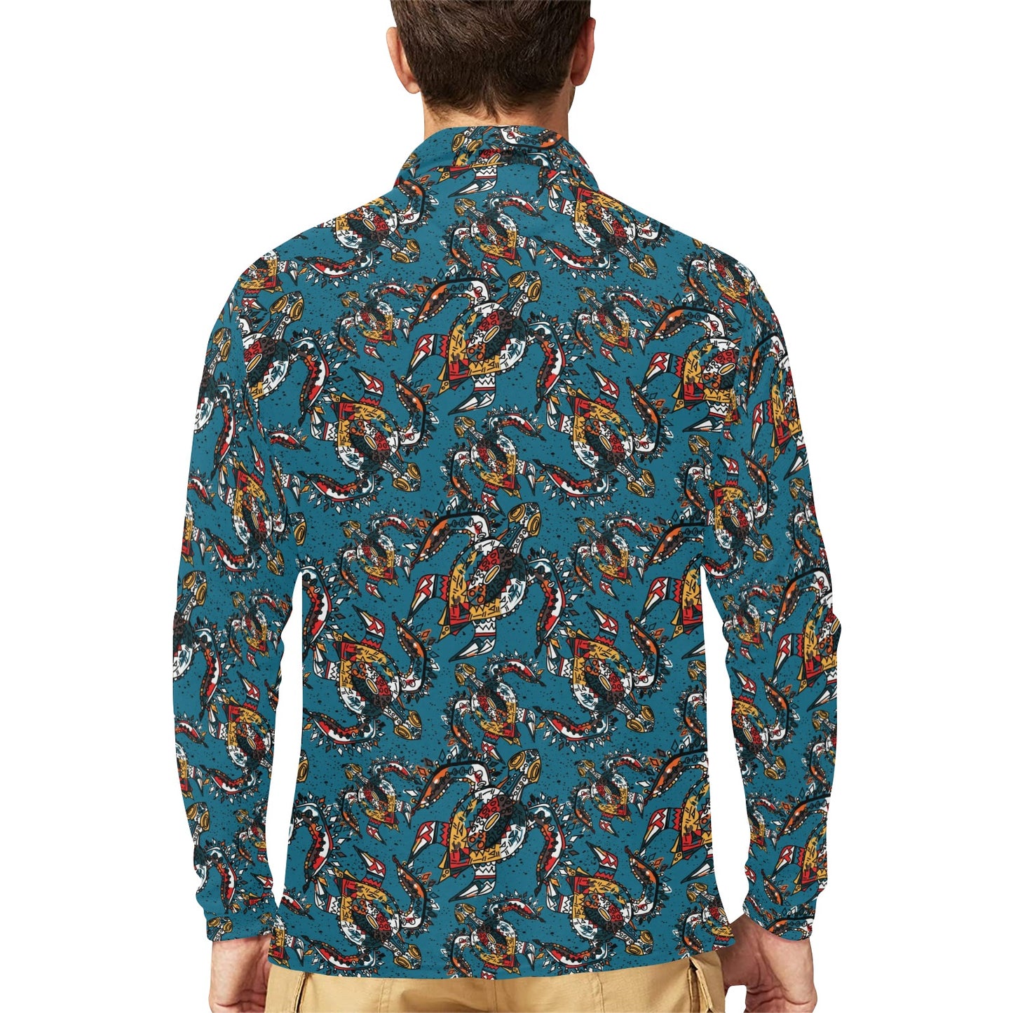 Sea Turtle Tribal Colorful Hand Drawn Long Sleeve Polo Shirt For Men's