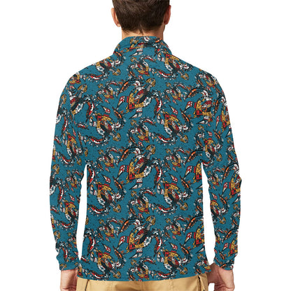 Sea Turtle Tribal Colorful Hand Drawn Long Sleeve Polo Shirt For Men's