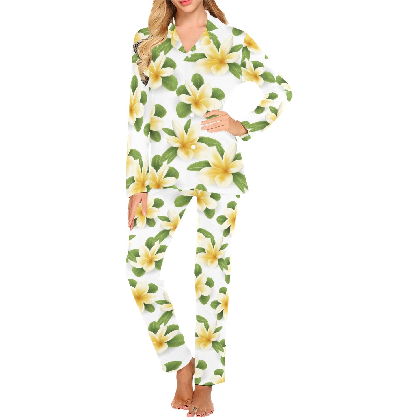 Yellow Plumeria Pattern Print Design PM012 Women's Long Pajama Set