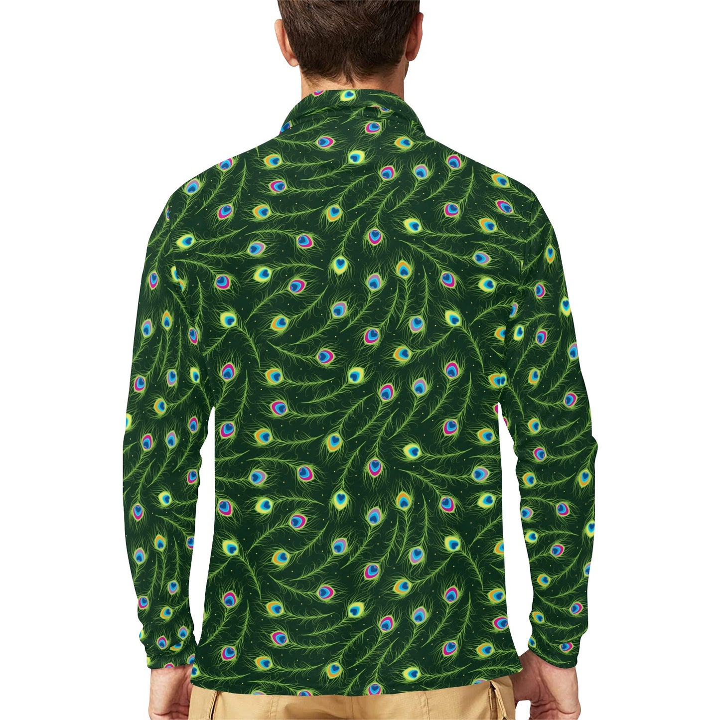 Peacock Feather Green Design Print Long Sleeve Polo Shirt For Men's