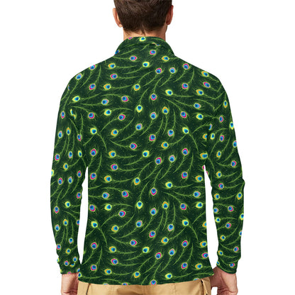Peacock Feather Green Design Print Long Sleeve Polo Shirt For Men's