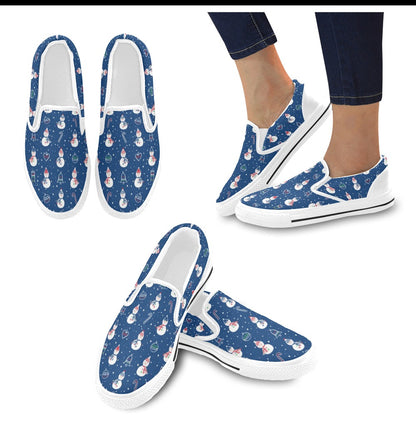 Snowman Print Design LKS306 White Slip Ons Canvas Women's Shoes