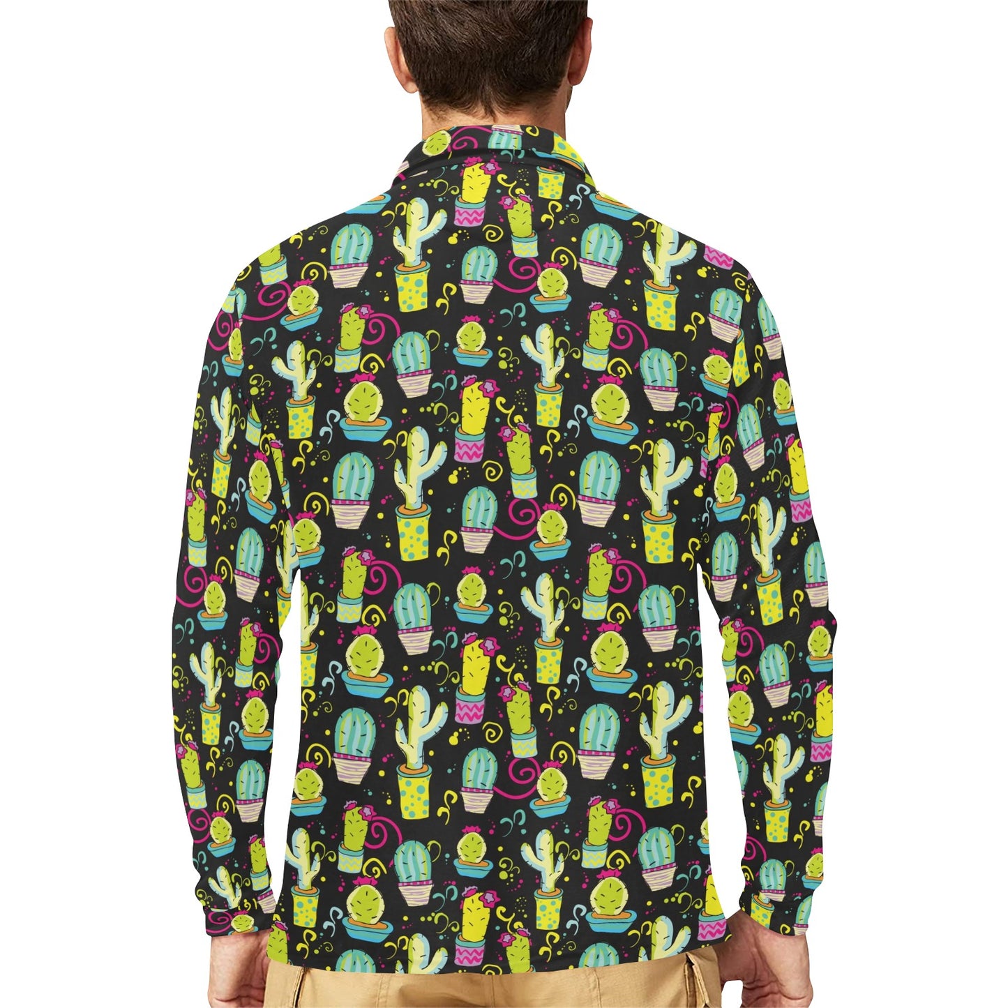 Cactus Neon Style Print Pattern Long Sleeve Polo Shirt For Men's