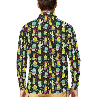 Cactus Neon Style Print Pattern Long Sleeve Polo Shirt For Men's