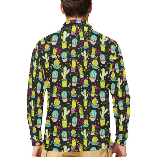 Cactus Neon Style Print Pattern Long Sleeve Polo Shirt For Men's
