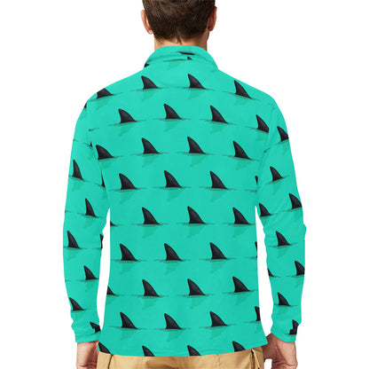 Shark Fin Pattern Long Sleeve Polo Shirt For Men's