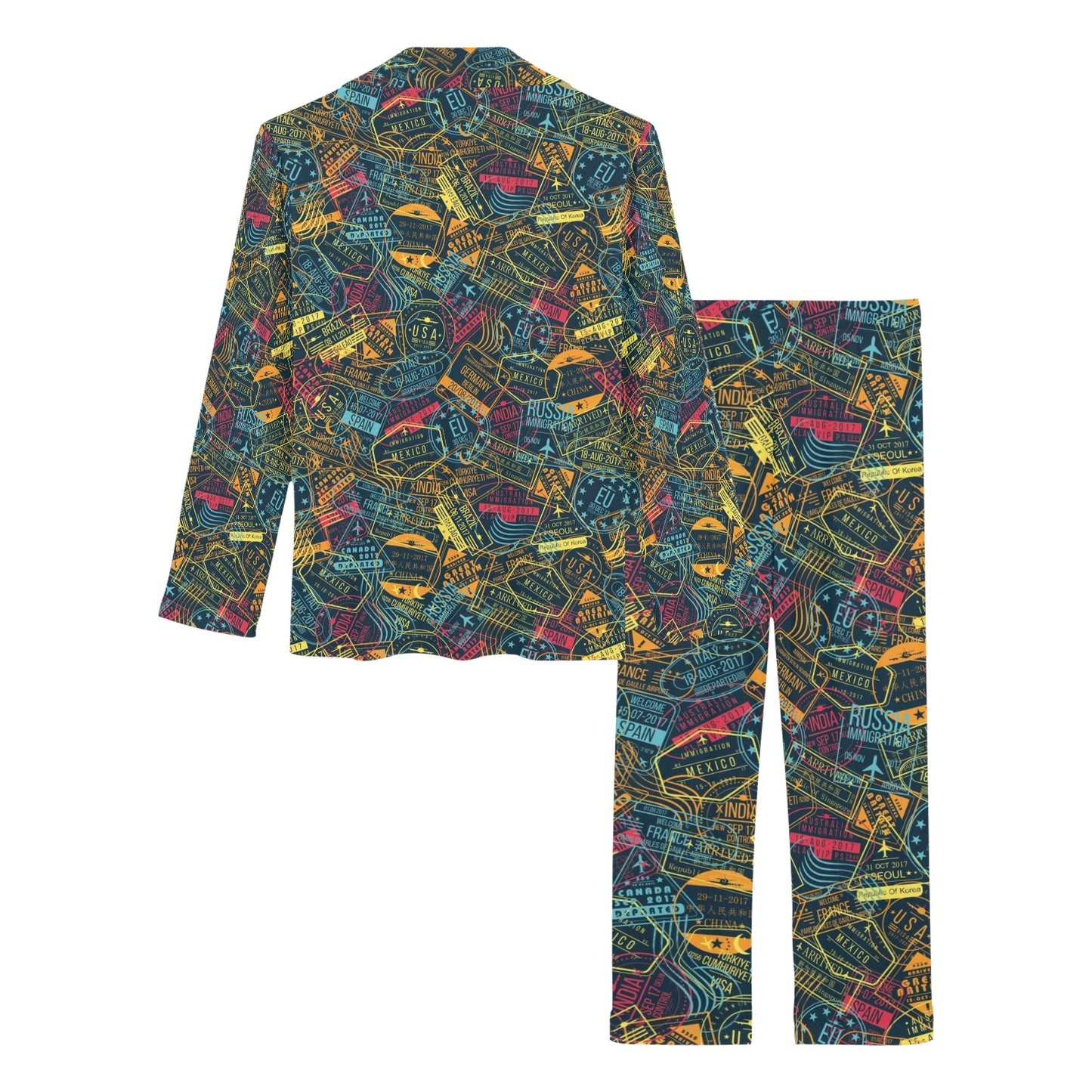 Travel Stamp Colorful Print Design LKS304 Women's Long Pajama Set
