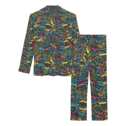Travel Stamp Colorful Print Design LKS304 Women's Long Pajama Set