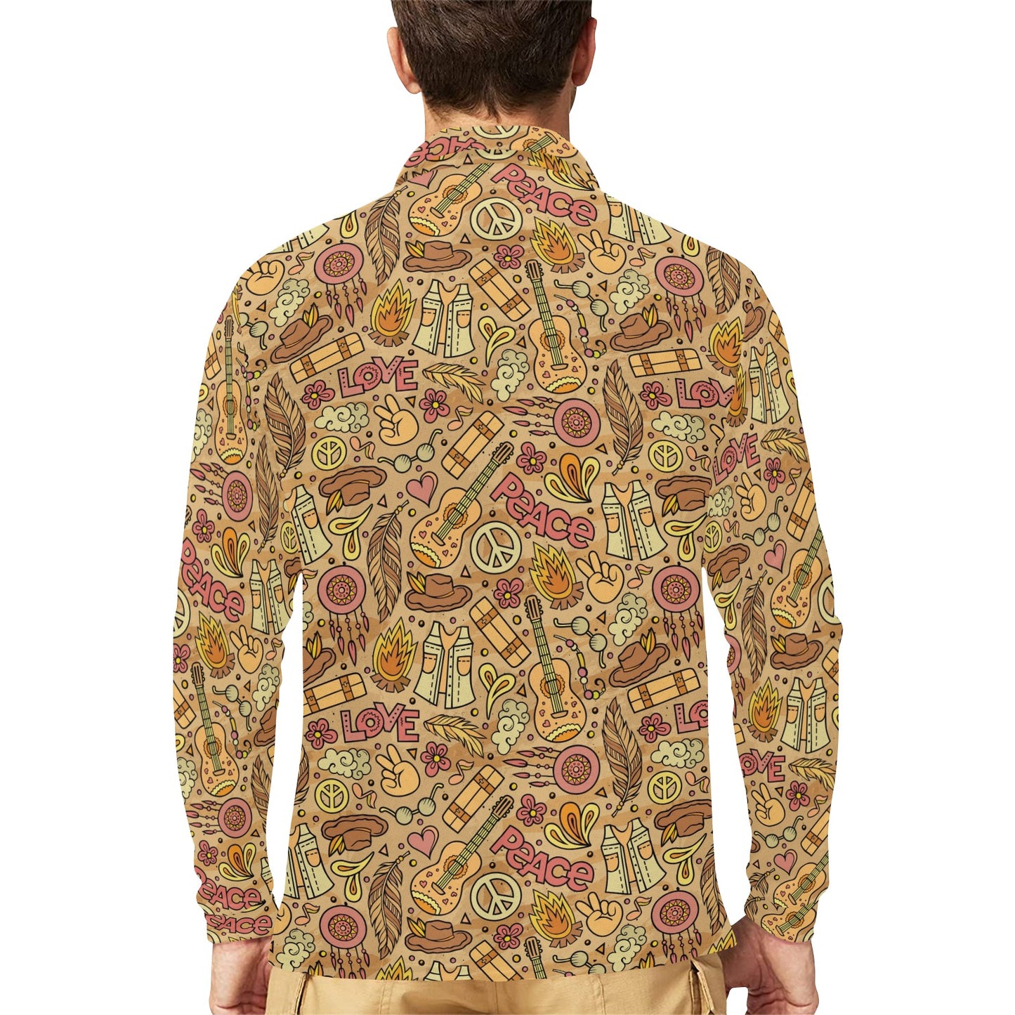 Hippie Print Design LKS305 Long Sleeve Polo Shirt For Men's