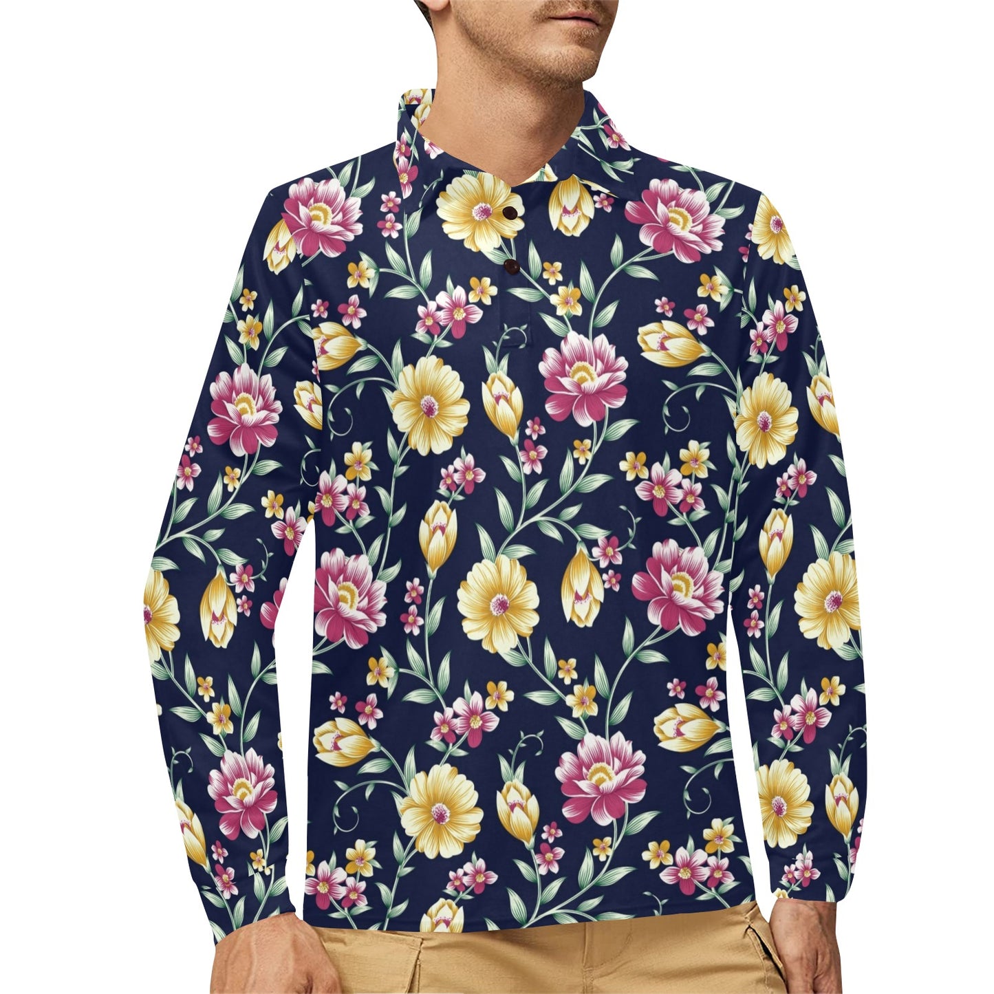 Gerberas Pattern Print Design GB03 Long Sleeve Polo Shirt For Men's