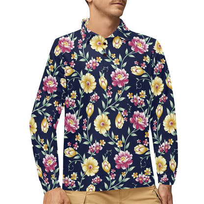 Gerberas Pattern Print Design GB03 Long Sleeve Polo Shirt For Men's