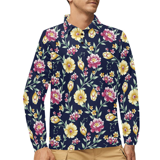 Gerberas Pattern Print Design GB03 Long Sleeve Polo Shirt For Men's