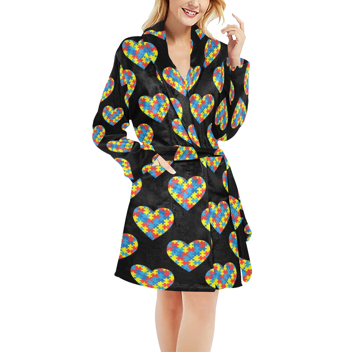 Autism Awareness Heart Design Print Women's Fleece Robe