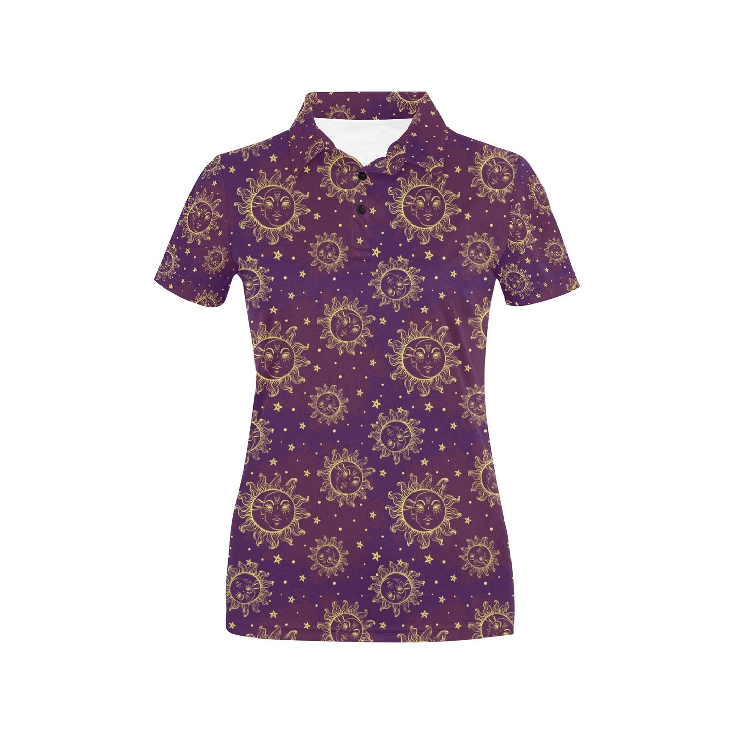 Sun Moon Star Design Themed Print Women's Polo Shirt