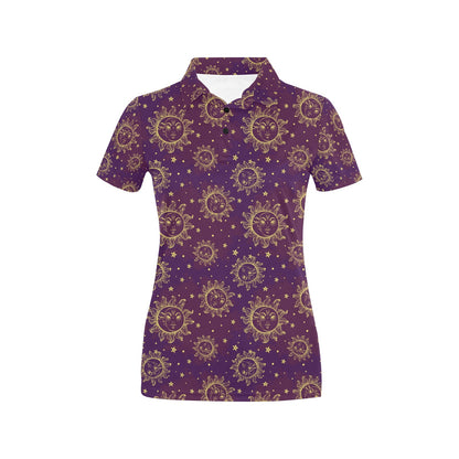 Sun Moon Star Design Themed Print Women's Polo Shirt