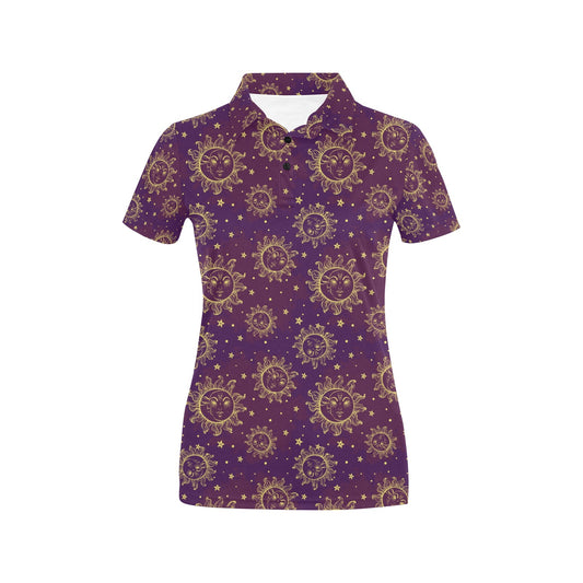 Sun Moon Star Design Themed Print Women's Polo Shirt