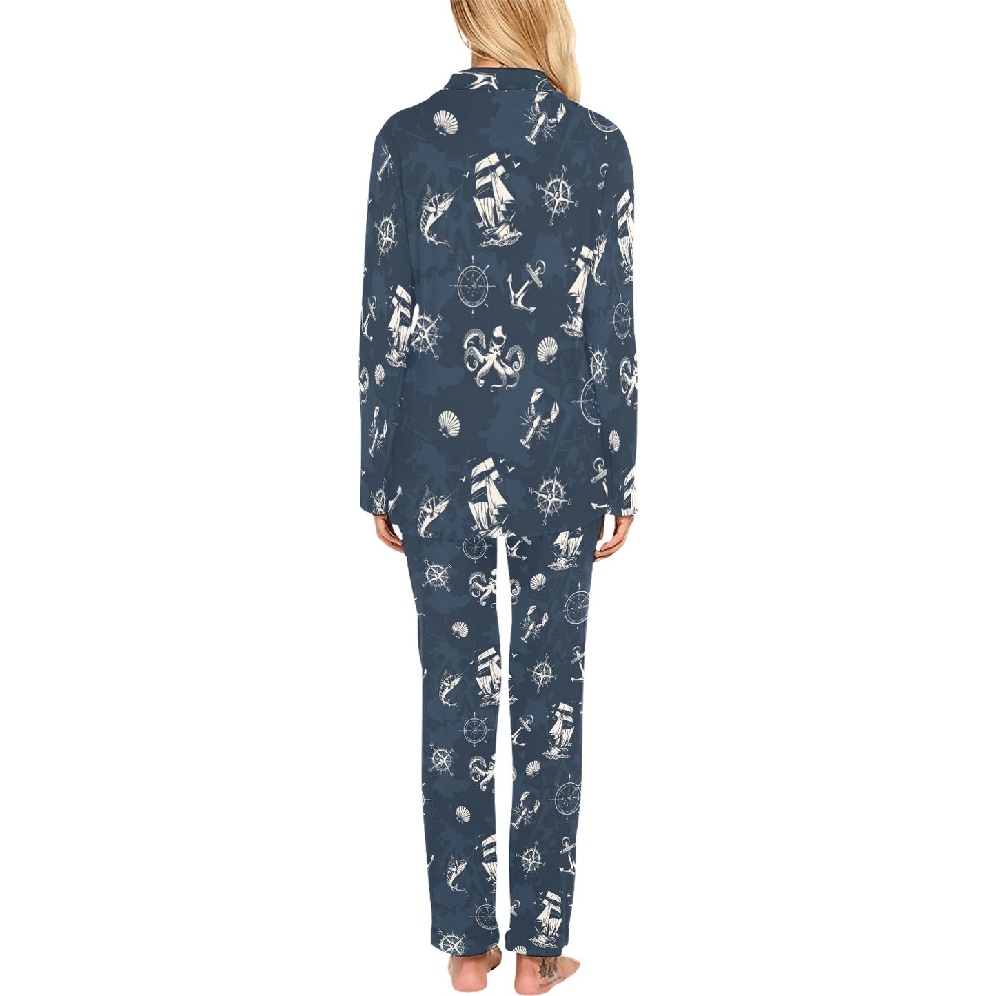 Nautical Sea Themed Print Women's Long Pajama Set