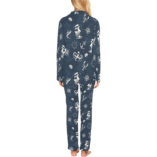 Nautical Sea Themed Print Women's Long Pajama Set