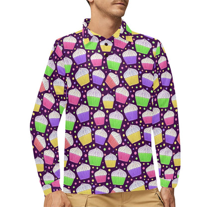 Cupcake Pattern Print Design CP07 Long Sleeve Polo Shirt For Men's