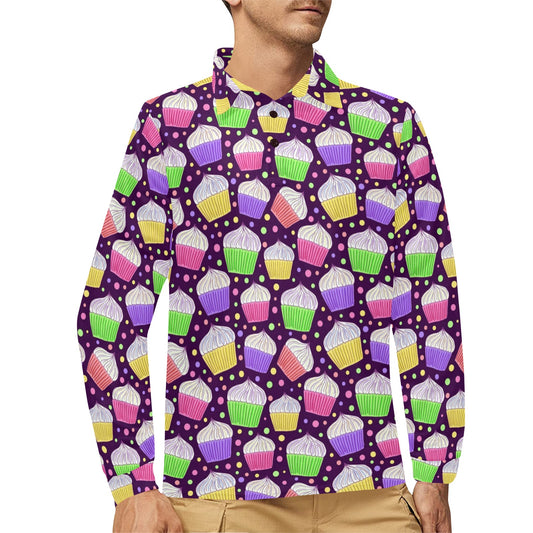 Cupcake Pattern Print Design CP07 Long Sleeve Polo Shirt For Men's