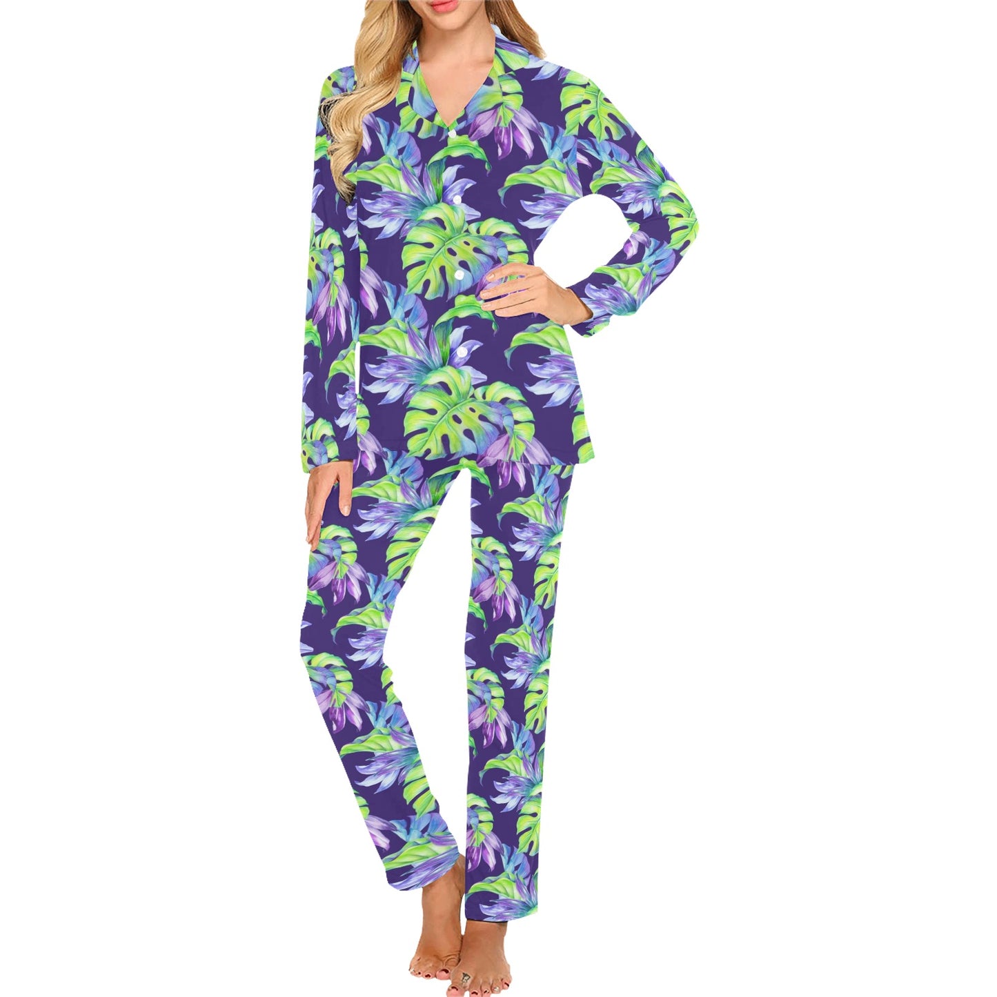 Tropical Flower Pattern Print Design TF019 Women's Long Pajama Set
