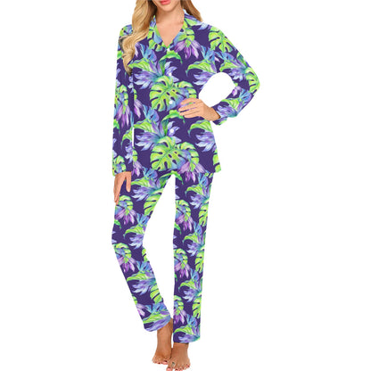Tropical Flower Pattern Print Design TF019 Women's Long Pajama Set