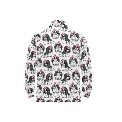 Japanese Chin Pattern Print Design 01 Long Sleeve Polo Shirt For Men's