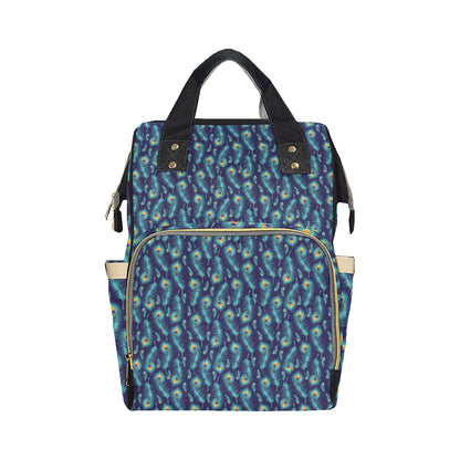 Peacock Feather Blue Design Print Diaper Bag Backpack