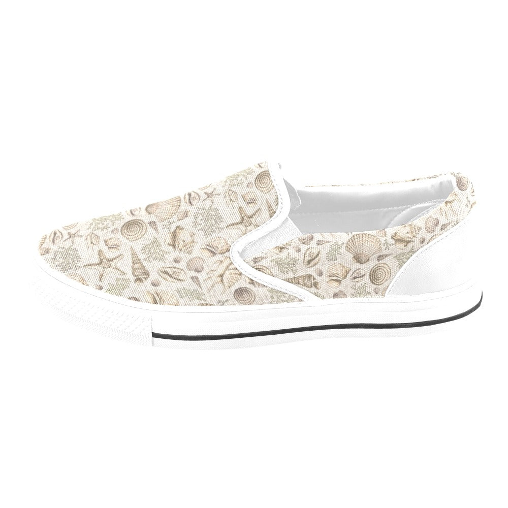 Seashell Print Design LKS304 White Slip Ons Canvas Women's Shoes