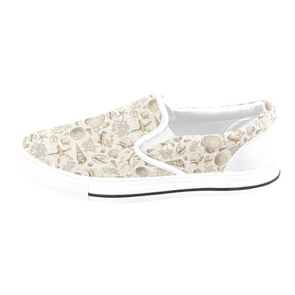 Seashell Print Design LKS304 White Slip Ons Canvas Women's Shoes