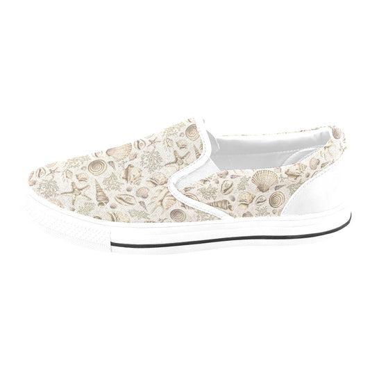 Seashell Print Design LKS304 White Slip Ons Canvas Women's Shoes