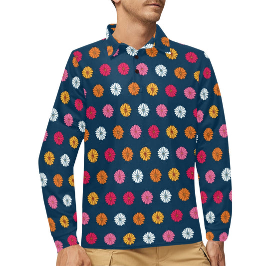 Gerberas Pattern Print Design GB06 Long Sleeve Polo Shirt For Men's