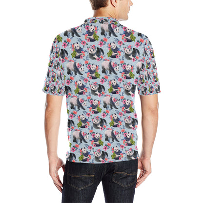 Panda Bear Flower Design Themed Print Men Polo Shirt
