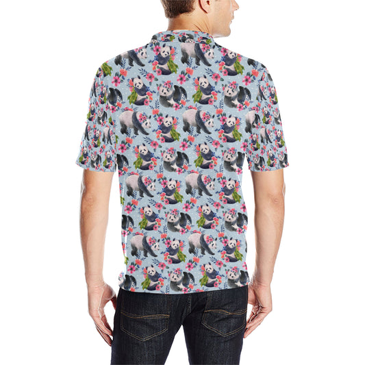 Panda Bear Flower Design Themed Print Men Polo Shirt