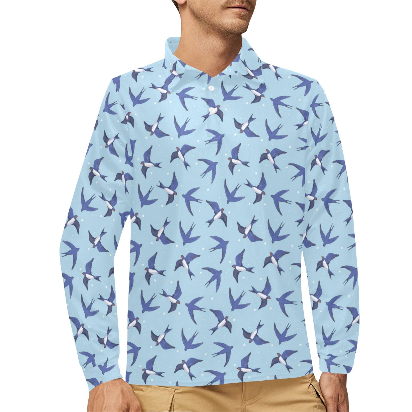 Swallow Bird Pattern Print Design 06 Long Sleeve Polo Shirt For Men's