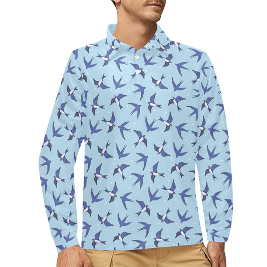 Swallow Bird Pattern Print Design 06 Long Sleeve Polo Shirt For Men's