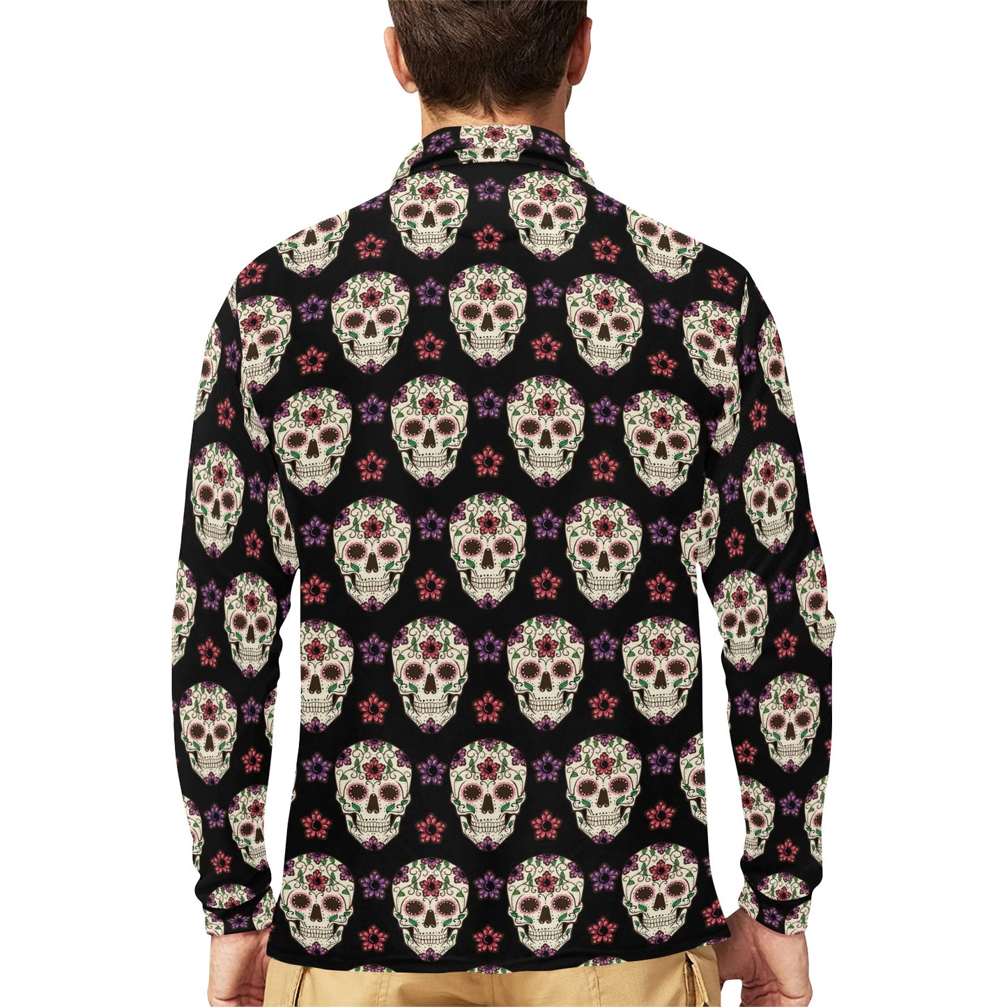 Sugar Skull Print Design LKS304 Long Sleeve Polo Shirt For Men's